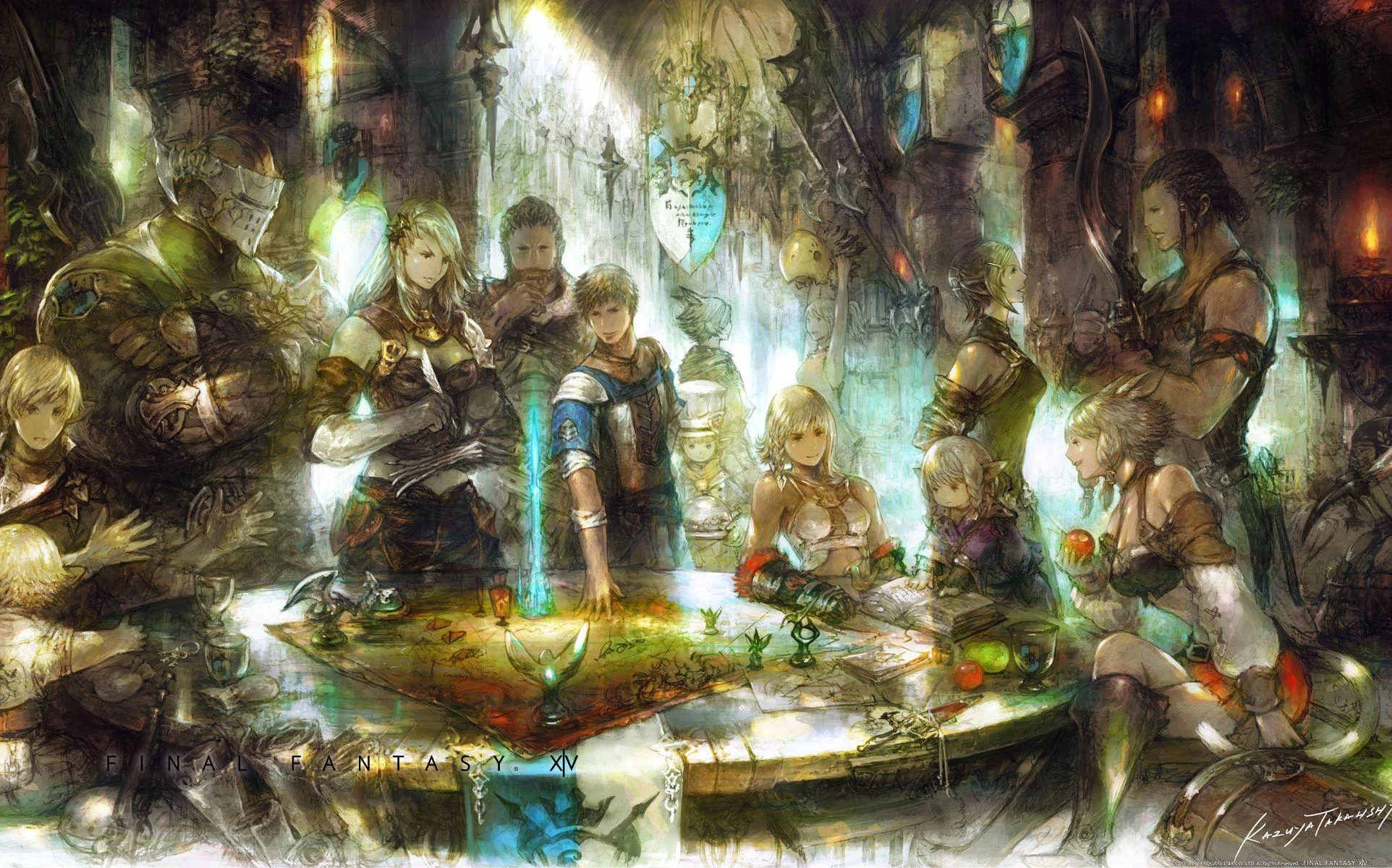 Illustration Final Fantasy XIV montrant un groupe d’aventuriers rassemblés autour d’une table et d’une carte, dans une salle éclairée de lanternes.
