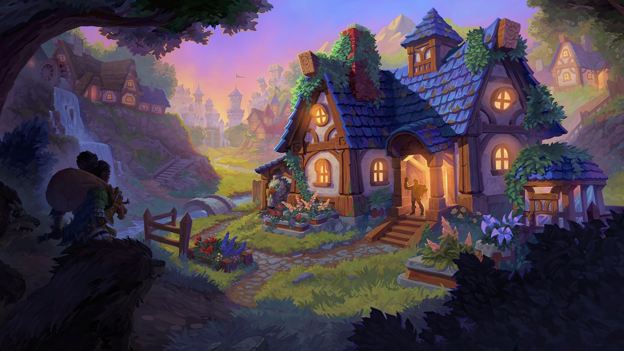 Illustration d’une auberge aux toits bleus, éclairée au crépuscule, avec des voyageurs, un chemin et une cascade.